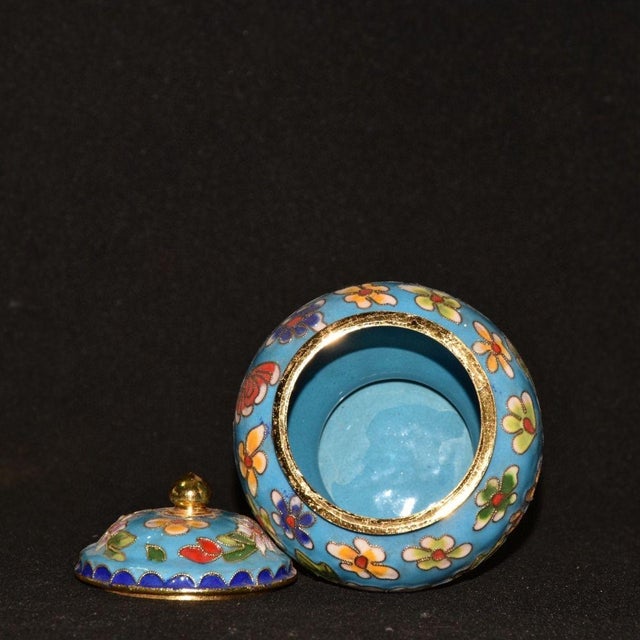 Blue Vintage Blue Cloisonné Enamel Ginger Jar With Peony Motif and Lid For Sale - Image 8 of 9