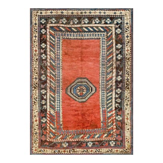 1930s Burnt Orange Geometric Antique Caucasian Rug 3' 0'' X 4' 4'' Knotted Wool Carpet For Sale