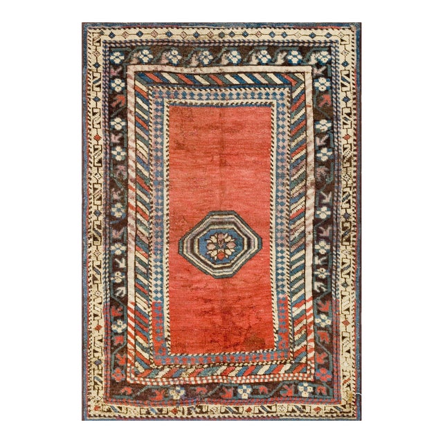 1930s Burnt Orange Geometric Antique Caucasian Rug 3' 0'' X 4' 4'' Knotted Wool Carpet For Sale