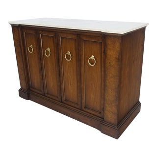 Marble Top Round Brass Ring Drop Pulls Hardware Burl Wood Double Door Credenza For Sale