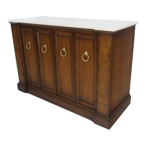 Marble Top Round Brass Ring Drop Pulls Hardware Burl Wood Double Door Credenza