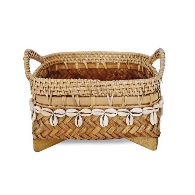 Beautiful vintage charming hand woven bamboo, rattan, and cowry shell basket. Each is slightly unique and sold individually.