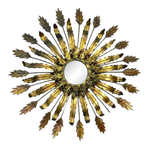 Vintage French Sunburst Wall Mirror in Gilt Metal, Mid-Century Style