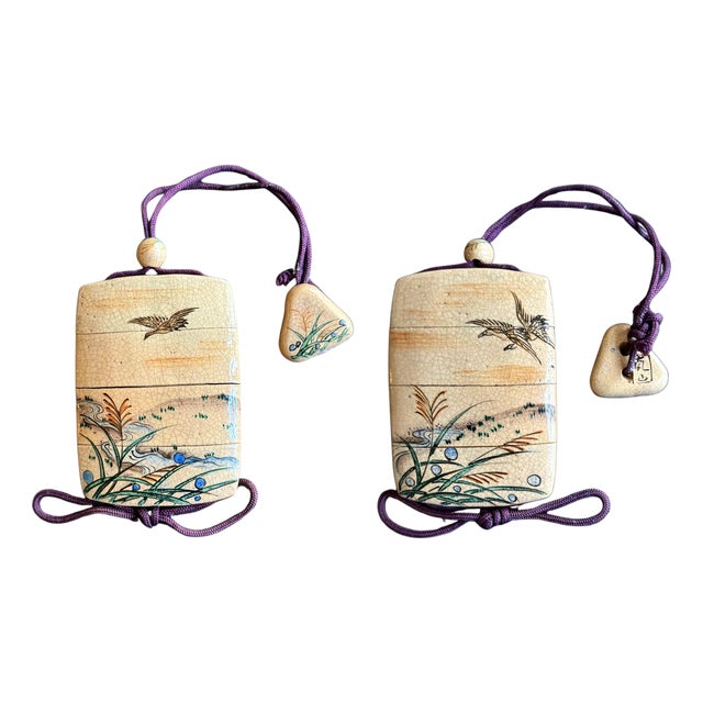 Rare Japanese Ceramic Glazed Inro with Ojime and Netsuke Ogata Kenzan Edo Period For Sale