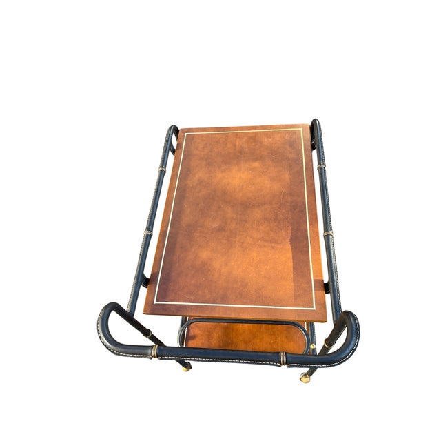 1950s Vintage Stitched Leather Bar Cart by Jacques Adnet, 1950s For Sale - Image 5 of 13