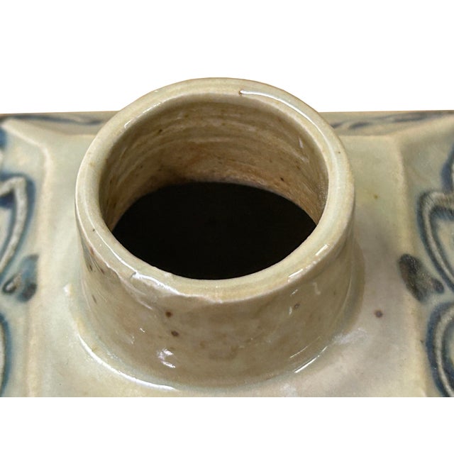 Cream Celadon Porcelain Blue Flower Graphic Square Container For Sale - Image 10 of 10