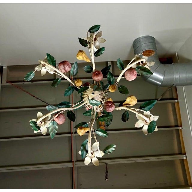 1940s Italian Tole Six-Light Fruit-Form Chandelier With Polychrome Leaves For Sale - Image 5 of 6