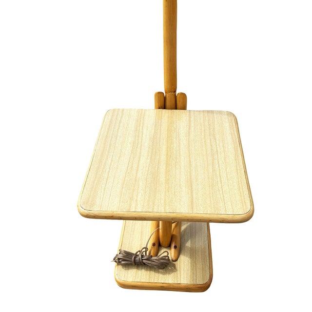 Wood 1950s Rare Restored Two-Tier Rattan Floor Lamp W/ Built-in Formica Top Side Table For Sale - Image 7 of 11