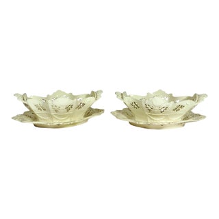 English Creamware Rococo Fruit Baskets and Stands, Pair, Pierced and Shell-Molded For Sale
