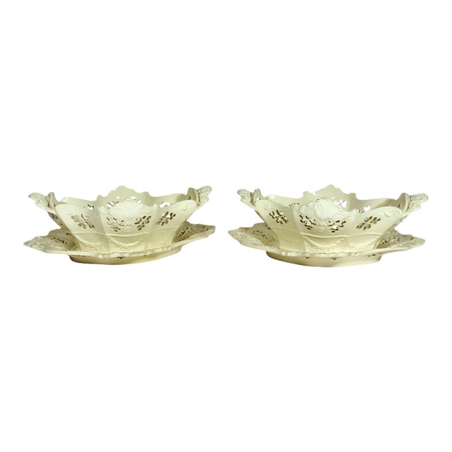 English Creamware Rococo Fruit Baskets and Stands, Pair, Pierced and Shell-Molded For Sale