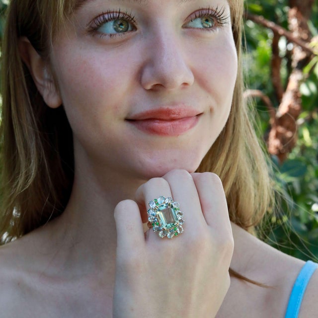 Nina Zhou Margaret 14.2ctw Prasiolite Aquamarine Tsavorite Cocktail Ring (All Sizes Available) For Sale - Image 10 of 10