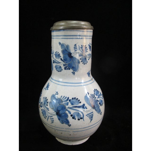 German Faience Pottery Pewter Mounted Blue & White Birnkrug Tankard Pitcher For Sale - Image 4 of 11