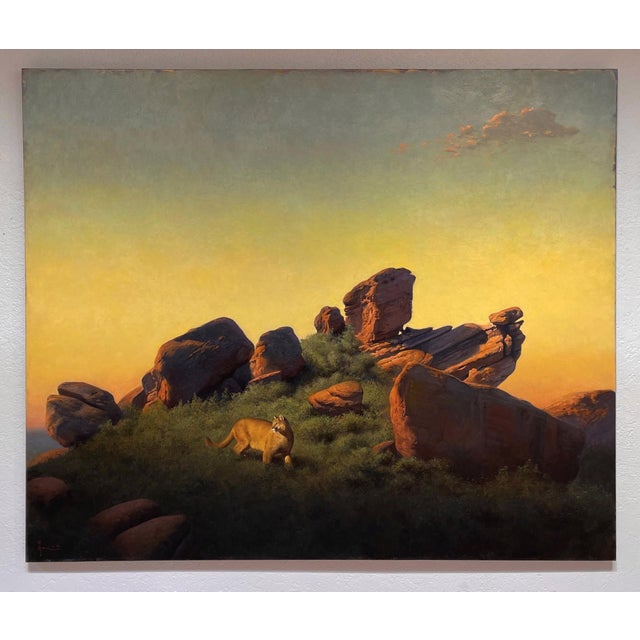Shadow's Edge depicts a solitary mountain lion poised on a rocky outcrop, bathed in the warm glow of a setting sun. The...