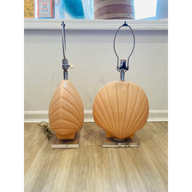 1970’s Pink Glass Shell Table Lamps on Lucite Base, Pair | Chairish