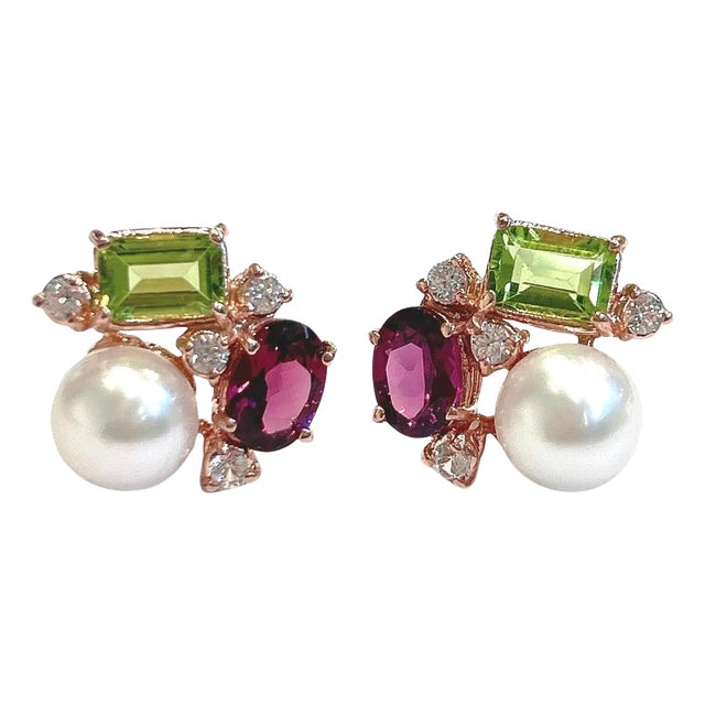 Bochic “Orient” Akoya Pearl, Peridot & Topaz Earrings Set 18K Gold & Silver For Sale