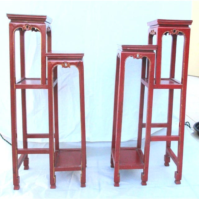 Chinese Red Lacquer Tall Plant Tables - A Pair of 2 For Sale - Image 13 of 17