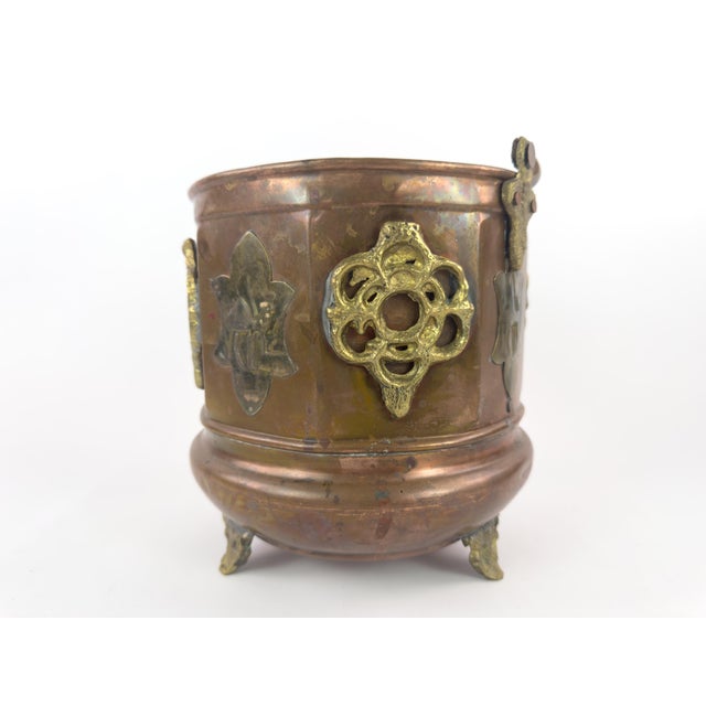 Victorian Antique French-Style Copper and Brass Jardiniere Planter With Gothic Mounts, C. 1900 For Sale - Image 3 of 18