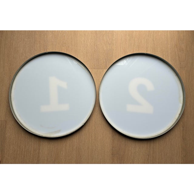 Vintage Illuminated Sign Lenses, Backlit Drive-Thru / Gas Station Pump Island Number Signs, 17-Inch Round Metal & Acrylic Signs (Pair #1 & #2) For Sale - Image 6 of 10