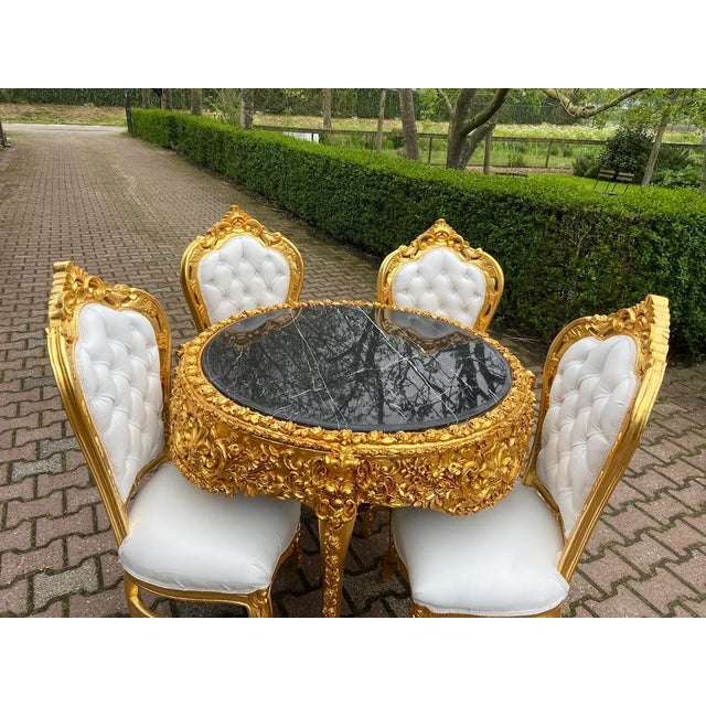 Wood 1970s Italian Baroque Gold Leaf Marble White Leather Dining Set – 5pcs For Sale - Image 7 of 18