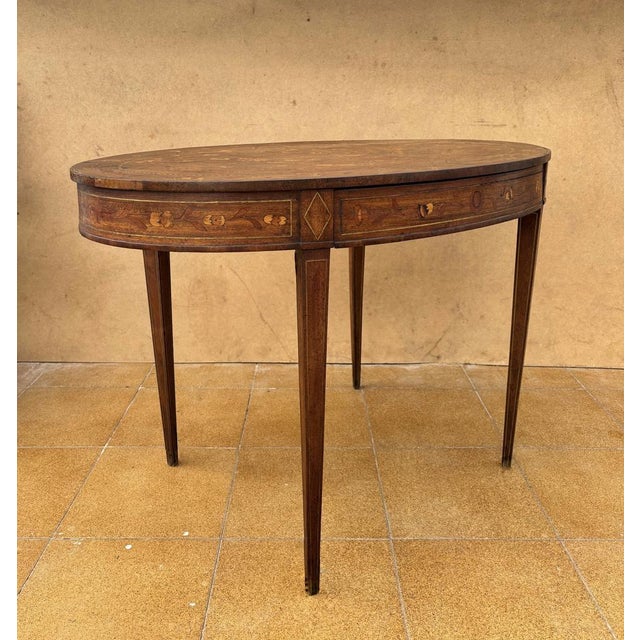 Vintage Oval Marquetry Side Table with Drawer, 1920 For Sale - Image 4 of 13