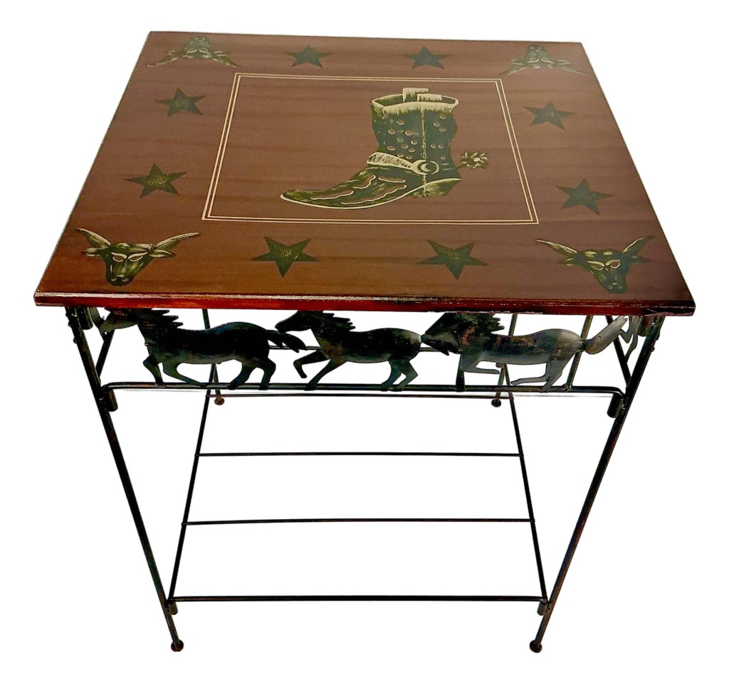 1990s Vintage Americana Southwestern Horse, Cowboy Boot, & Long Horn Steer Metal Framed Side Table
