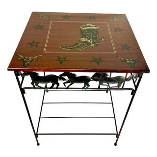 1990s Vintage Americana Southwestern Horse, Cowboy Boot, & Long Horn Steer Metal Framed Side Table For Sale