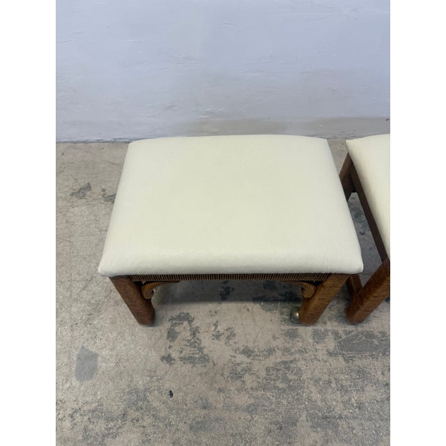 Wood Mid-Century Leather and Wicker Footstools on Caster by Henry Link - A Pair For Sale - Image 7 of 12