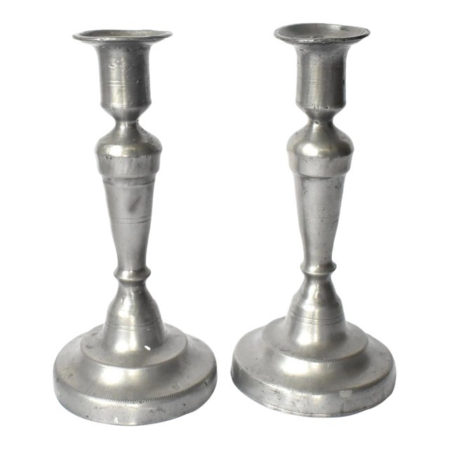 Pair of Antique 18th-Century French Pewter Candle Sticks For Sale