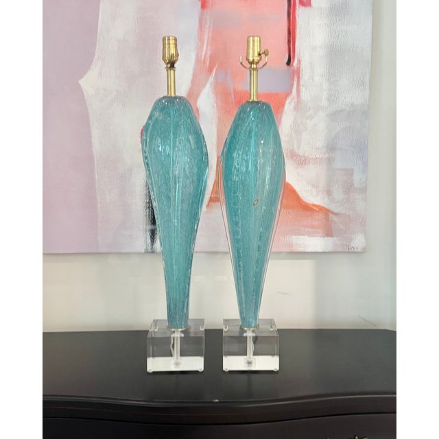 These vintage Pulegoso Murano lamps are the color of TEAL GREEN/BLUE – tiny bubbles in the glass give them a frosted look....