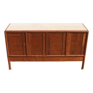1970s Dunbar Mid-Century Modern Walnut Credenza / Sideboard With Travertine Top For Sale