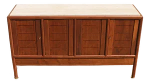 1970s Dunbar Mid-Century Modern Walnut Credenza / Sideboard With Travertine Top