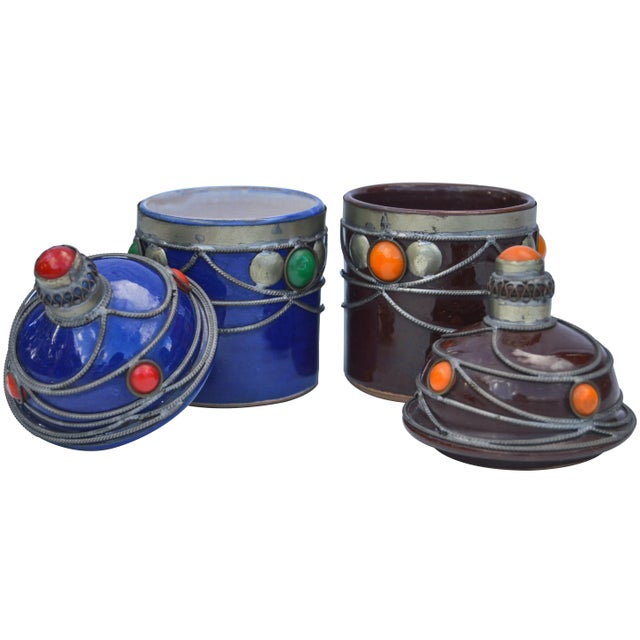 Mid-Century Modern Moroccan Ceramic Jars W/ Inlay, S/2 For Sale - Image 3 of 5