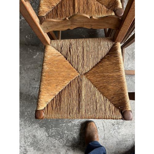 Wood Carved Oak Chairs with Rush Seats, 1950s, Set of 6 For Sale - Image 7 of 14