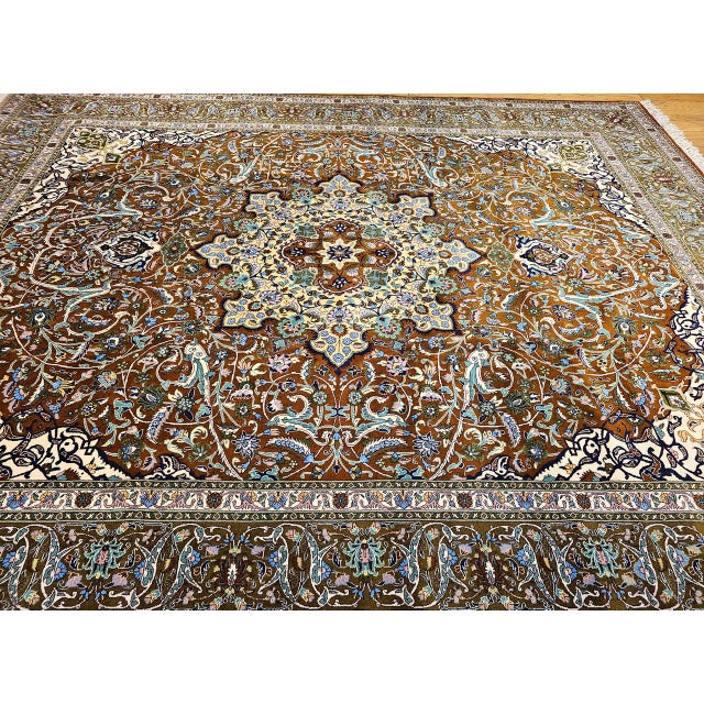 Vintage Persian Tabriz Rug, Hand-Knotted Wool, Mythical Firebird Motif, Brown & Ivory, 10x13 For Sale - Image 13 of 15