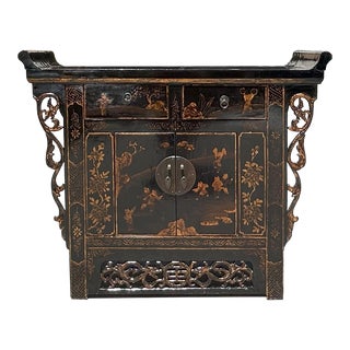 Chinese Rustic Black Vintage Point Edge Golden Graphic Credenza Cabinet For Sale