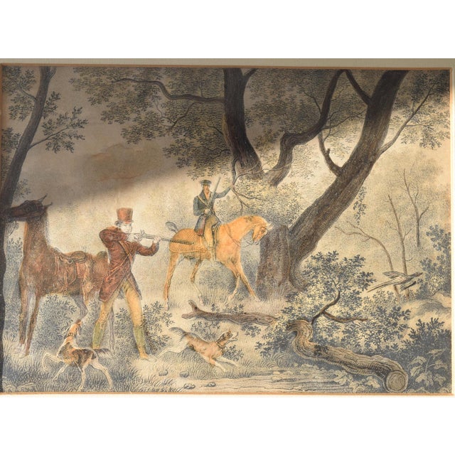 Antique hand-colored hunting engraving titled "Chasseur Au Tir", engraved by Jean Pierre Marie Jazet after Carle Vernet,...