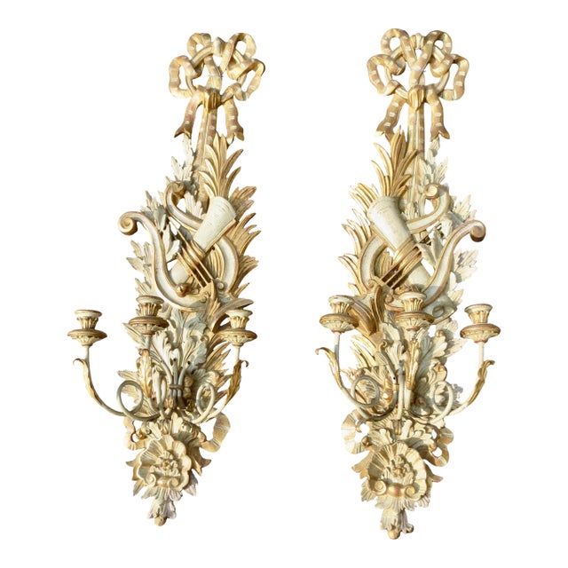 1900s Italian Gilt Wood Carved Sconces - Pair of 2 For Sale