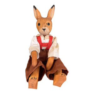 Vintage Hand-Carved Wooden Rabbit Doll With Articulated Limbs and Handmade Clothing.
