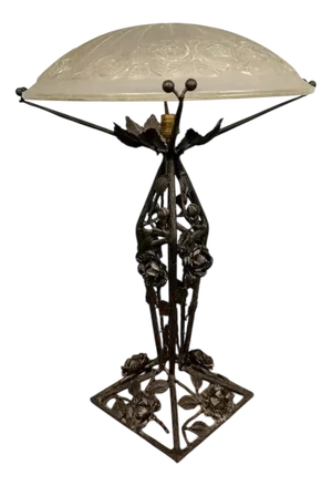 Art Deco French Table Lamp in Iron Frosted Glass Light, 1930