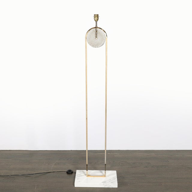 Mid-Century Brass Arch Floor Lamp W/ Textured Glass Medallion & White Marble For Sale - Image 11 of 13