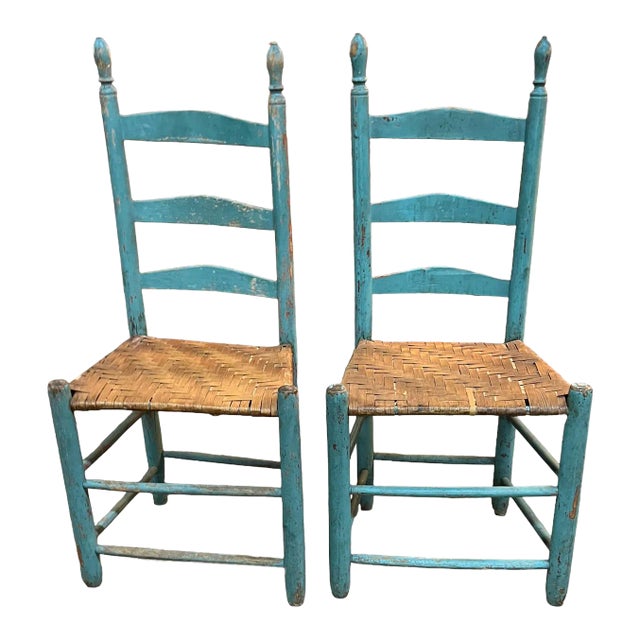 Pair of 19th Century Primitive Turquoise Ladder Back Chairs With Flat Reed Woven Seats For Sale