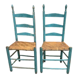 Pair of 19th Century Primitive Turquoise Ladder Back Chairs With Flat Reed Woven Seats