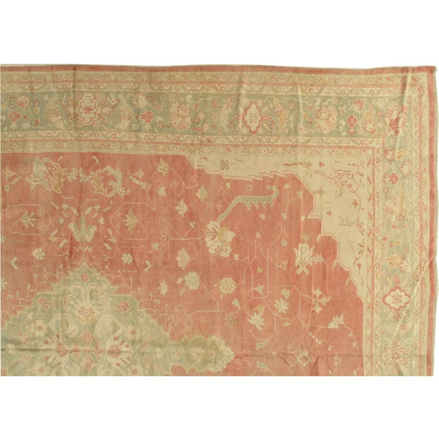 Antique Oushak Carpet, Oriental Rug, Handmade Ivory, Muted Coral, Soft Green For Sale - Image 15 of 18