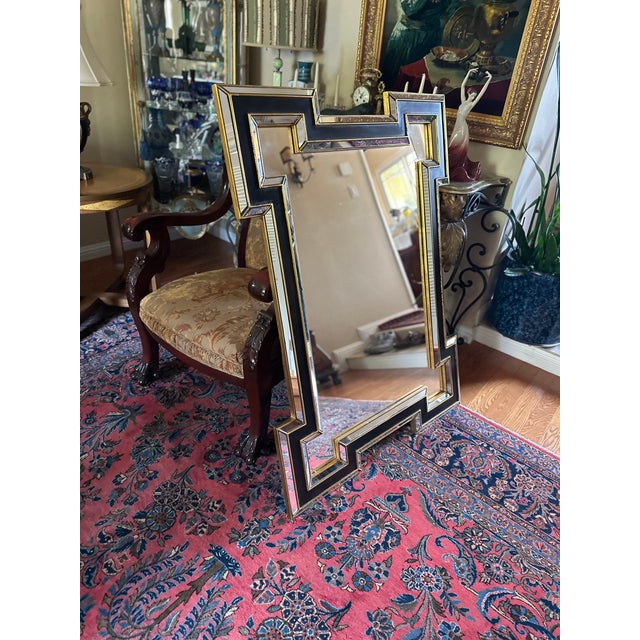 Ebony 1980s Art Deco Revival Style Geometric Framed Mirror With Black and Gold Accents. For Sale - Image 8 of 14