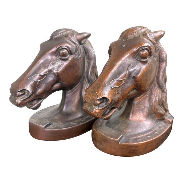 Vintage Horse Head Bookends in Bronze-Tone Finish, Mid-Century Sculptural Pair For Sale