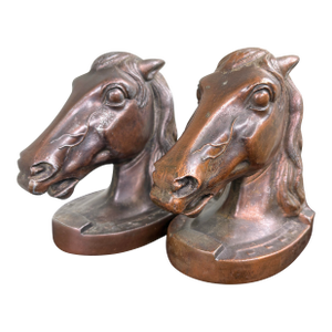 Vintage Horse Head Bookends in Bronze-Tone Finish, Mid-Century Sculptural Pair