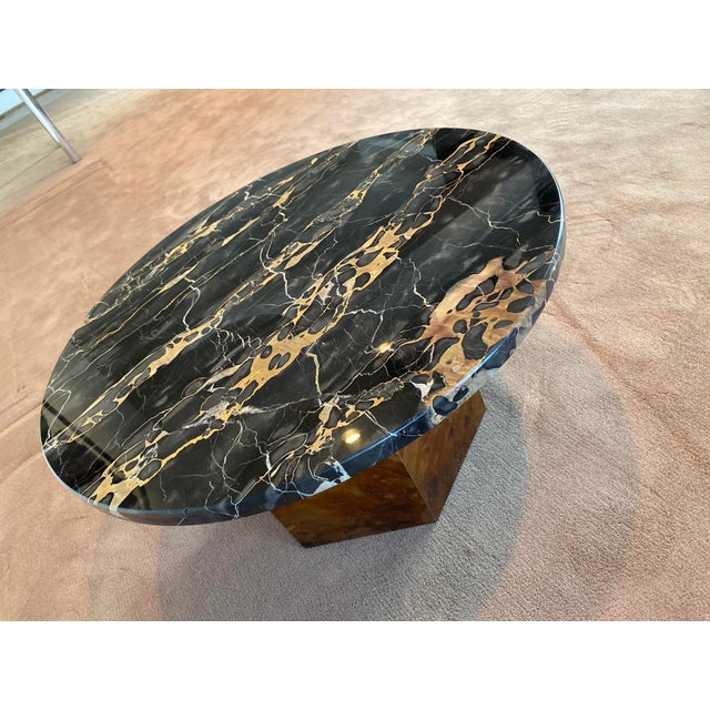 1970s Vintage Black Marble And Burled Wood Veneer Coffee Table Milo Baughman Inspired Chairish