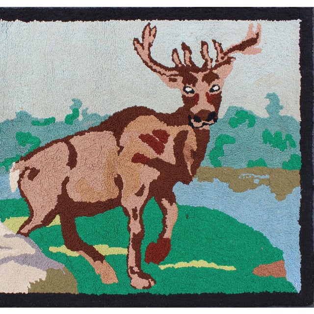 Measures: 2'9 x 3'11 American Hooked Rug With a Bull Elk in Aspen Trees Setting 2'9" X 3'11" American Hooked rug vintage...