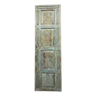 Antique Hand-Carved Blue Floral Pantry Door – Rustic Wooden Barn Door for Bedroom or Pantry Entry 96x29.5 For Sale