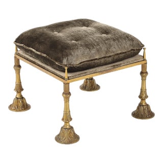 1950's Brass and Crushed Velvet French Ottoman For Sale